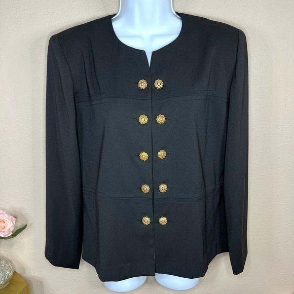 10 Petite Vintage 90’s Leslie Fay Black Blazer With Gold Buttons Shoulder Pads - Picture 1 of 7
